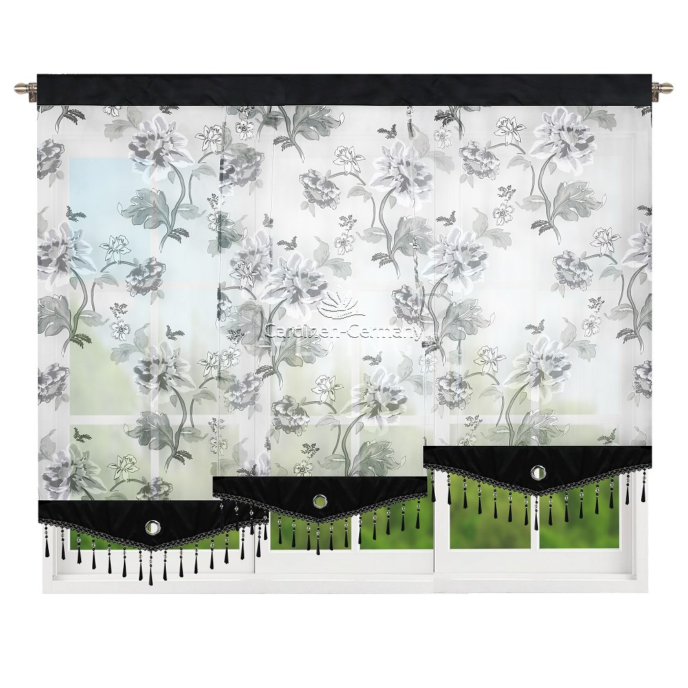 Vorhang Set Gardinen Panel Grau Schwarz Weiss Blumen Neu Ebay